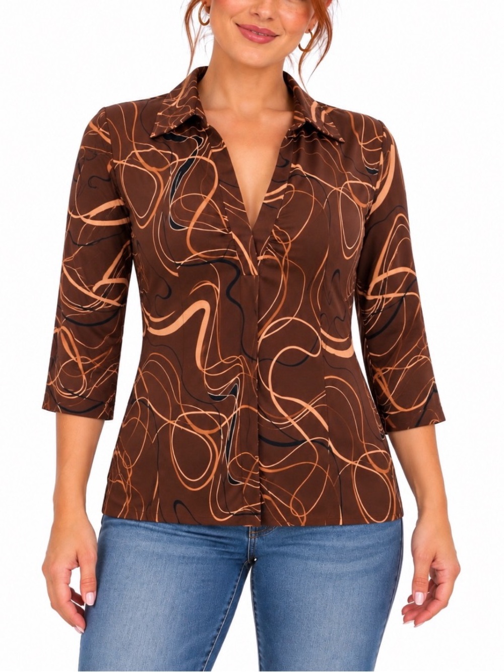 Maurices Brown Abstract Print Collared Top- Large